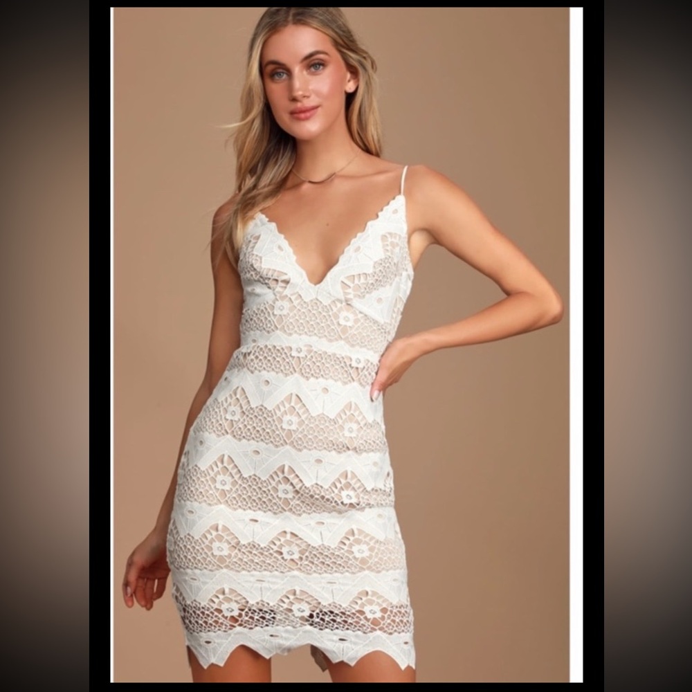 LULUS Dress Sway Away Crochet White Beige Overlay Lace Evening Party Mini